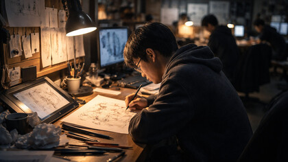 A late-night animator works in quiet concentration, capturing the unseen labour and long hours behind the stunning visuals of modern anime