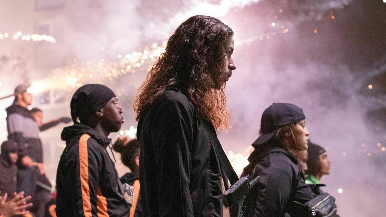 A still from the film Athena (2022) directed by Romain Gavras