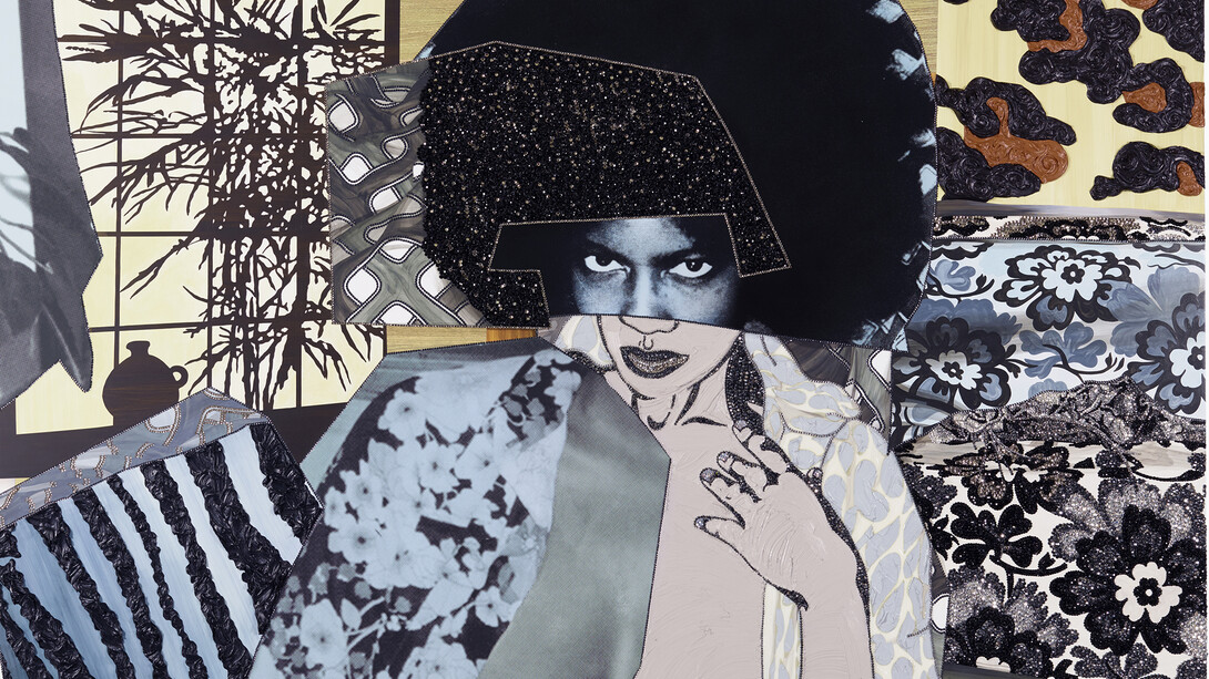 Mickalene Thomas, Maya #7, 2015, Strass, acrylique et huile sur panneau de bois, Rhinestones, acrylic and oil on wood panel, 213,36 x 228,6 x 5,08 cm, Courtesy Mickalene Thomas & Galerie Nathalie Obadia Paris/Bruxelles. Copyright: Mickalene Thomas Studio