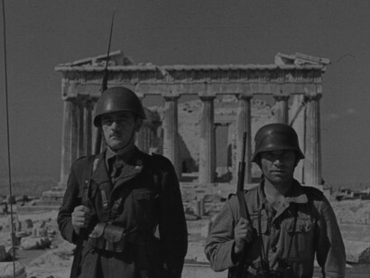 Italian and German soldiers posing in front of the Parthenon in Athens, Greece, 1941