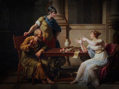 "Aspasia conversando con Sócrates y Alcibíades", Nicolas-André Monsiau (1801)