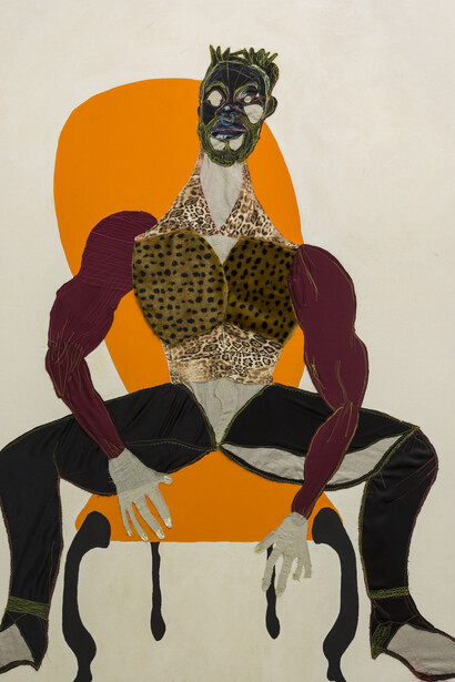 Tschabalala Self, Mane, 2016, Linen, fabric, oil pastels and Flashe® on canvas, 243.8 x 182.9 cm (96 x 72 in). Courtesy of Lewben Art Foundation, Lithuania. Photograph by Maurizio Esposito 