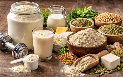 Whey and plant-based protein sources displayed together, highlighting differences in composition, texture, and nutritional origin in a natural, realistic setting
