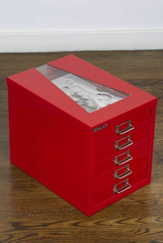 Flat File Globe Red Tank B, 2007 Yupo, foam board, metal cabinet 12 7/8 x 11 x 16 1/8 inches