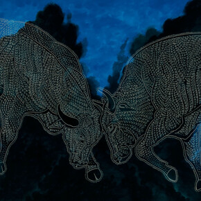 Ricky Armendariz, Zeus dreams of himself (remix),oil on carved plywood,48 x 70 inches, 2014