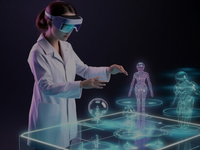 Individual employing AR technology for professional tasks within a virtual laboratory