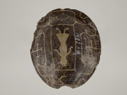 Contenitore per liquidi a forma di carapace di tartaruga, con figure geometriche e antropomorfe dipinto sui due lati in negativo e positivo