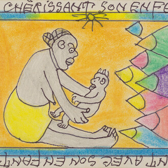 Frédéric Bruly Bouabrè, Ici, une mère momant avec son enfant, dalla serie
La mère - nourricière l'amour de son enfant, 2010, tecnica mista su
cartoncino, cm. 19x15.