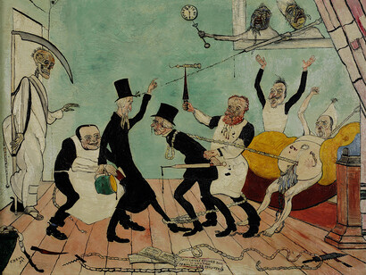 James Ensor. The Bad Doctors, 1892. Université Libre de Bruxelles. © 2014 Artists Rights Society (ARS), New York / SABAM, Brussels. Image: Université Libre de Bruxelles, on deposit in the Royal Museums of Fine Arts of Belgium, Brussels / photo: Royal Museums of Fine Arts of Belgium, Brussels.