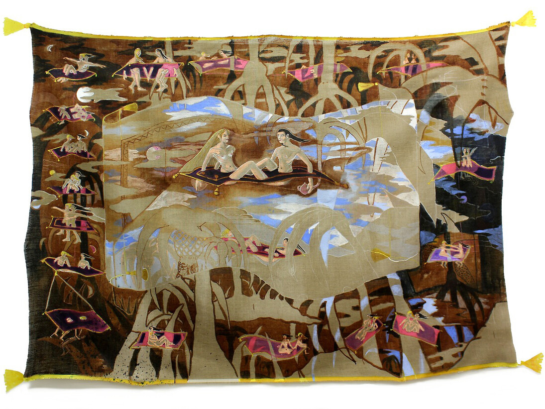 Marlene Steyn, The magic carpenters (on top of the world), 2014, Ink, acrylic and mixed media on unstretched linen and wall, 154 x 209 cm