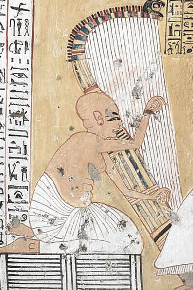 Egyptian harper in the Tomb of Ankerkhe, Workmen's Tombs, and Tomb of Inherkha (TT359), New Kingdom, 20th Dynasty, 1186-1070 BCE. A musician entertains the deceased and his wife. Egypt, 19th Dynasty, circa 1295-1186 BCE, Deir el Medina, West Thebes, Egypt