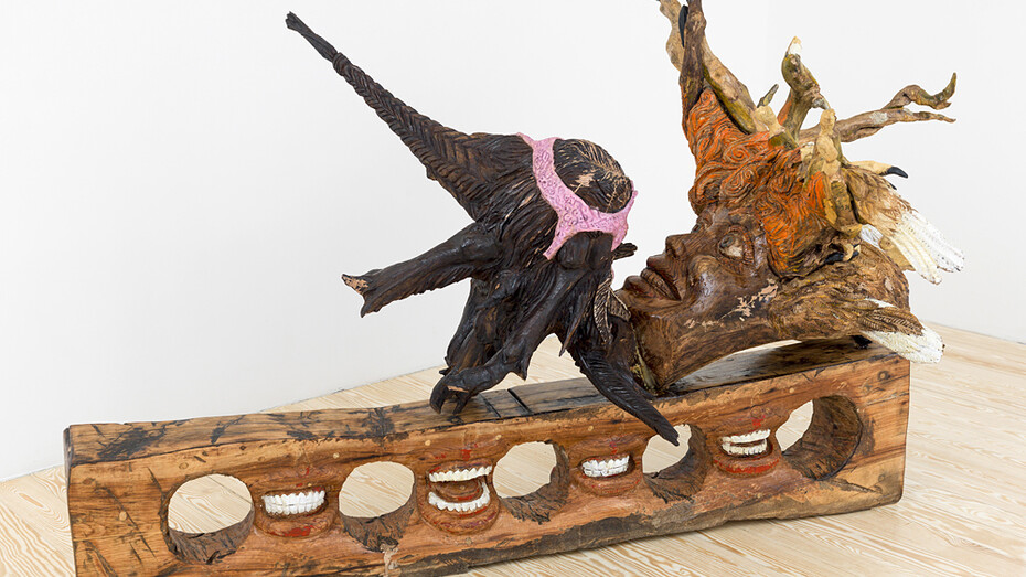 Ivan Witenstein, Rails to Trails, 2014, wood, acrylic, oil, wood burning, 57 x 96 x 76 inches