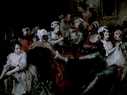 Tercer cuadro de la serie «A Rake's Progress» de William Hogarth: la escena transcurre en un burdel, nótese que las prostitutas tienen manchas negras en sus rostros para cubrir las úlceras causadas por la sífilis