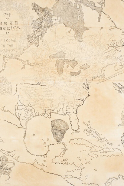 Umar Rashid, Map of North America (with some glaring omissions). Or, welcome to the Terrordome. The byproduct of an irrational fear of a red, black, brown, and green planet., 2022. Courtesy of Hammer Museum 