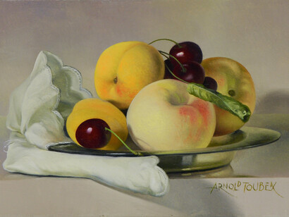 Arnold Toubeix, Coupe metal, abricots, peches, cerises, nappe