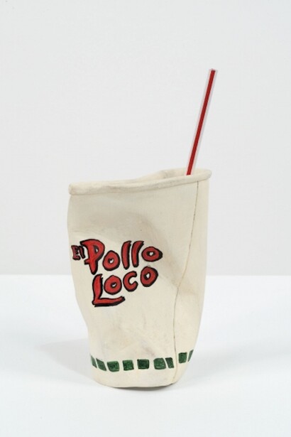 Matt Johnson, El Pollo Loco Cup #2, 2016, Carved wood and paint, 9 x 4 1/2 x 3 inches (22.9 x 11.4 x 7.6 cm), pedestal: 33 x 21 x 21 inches (83.8 x 53.3 x 53.3 cm) , MJ 163. Courtesy of 303 Gallery