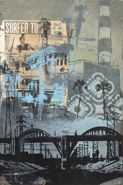 Restitution Press, LA River Surf, Mixed Media on Wood, 15″ x 23″ 
