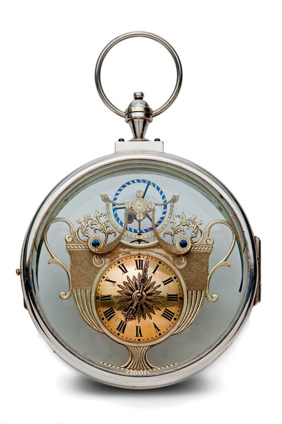 Skeleton Clock, 19th c., mixed metals, glass. Courtesy De Vera