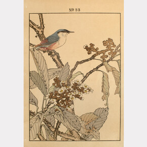 Keinen (1845 - 1923),
Nuthatch and Loquat, 1892. 
Keinen’s Flower-and-Bird Painting Manual (Keinen kacho gafu),
Woodblock Print, 
14.5 x 10.25 (inches). Courtesy of the artist and Ronin Gallery