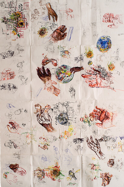 Hands, 2015, Graphite, ball point pen, Sharpie, acrylic and water color on paper, 60 x 92 inches
