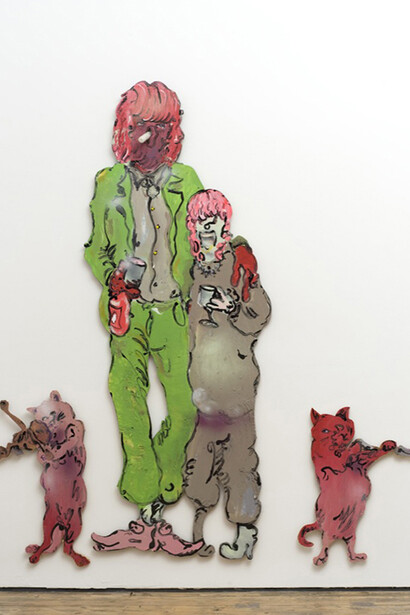 Edwin Burdis, The Plumbers: Hong "N" Ming, Acrylic, gloss paint, glitter, varnish, collage, found objects, pencil, felt tip, plaster, spray paint, drawing pins on plywood, 2014, courtesy of Vitrine  
