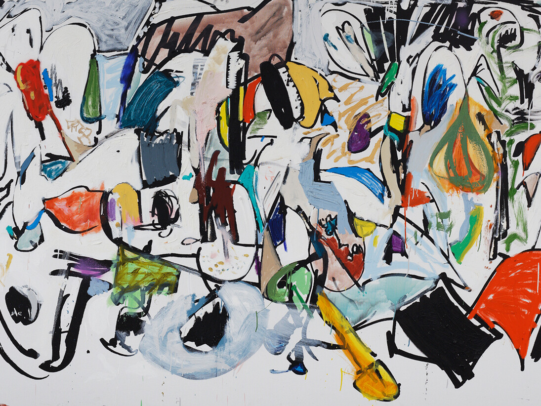 
Eddie Martinez. ,Bombay Bambino 
2015 
Oil, enamel, silkscreen ink and spray paint on canvas 
72 by 108 in. 182.9 by 274.3 cm. 
Courtesy of the artist and Mitchell-Innes & Nash, NY 
