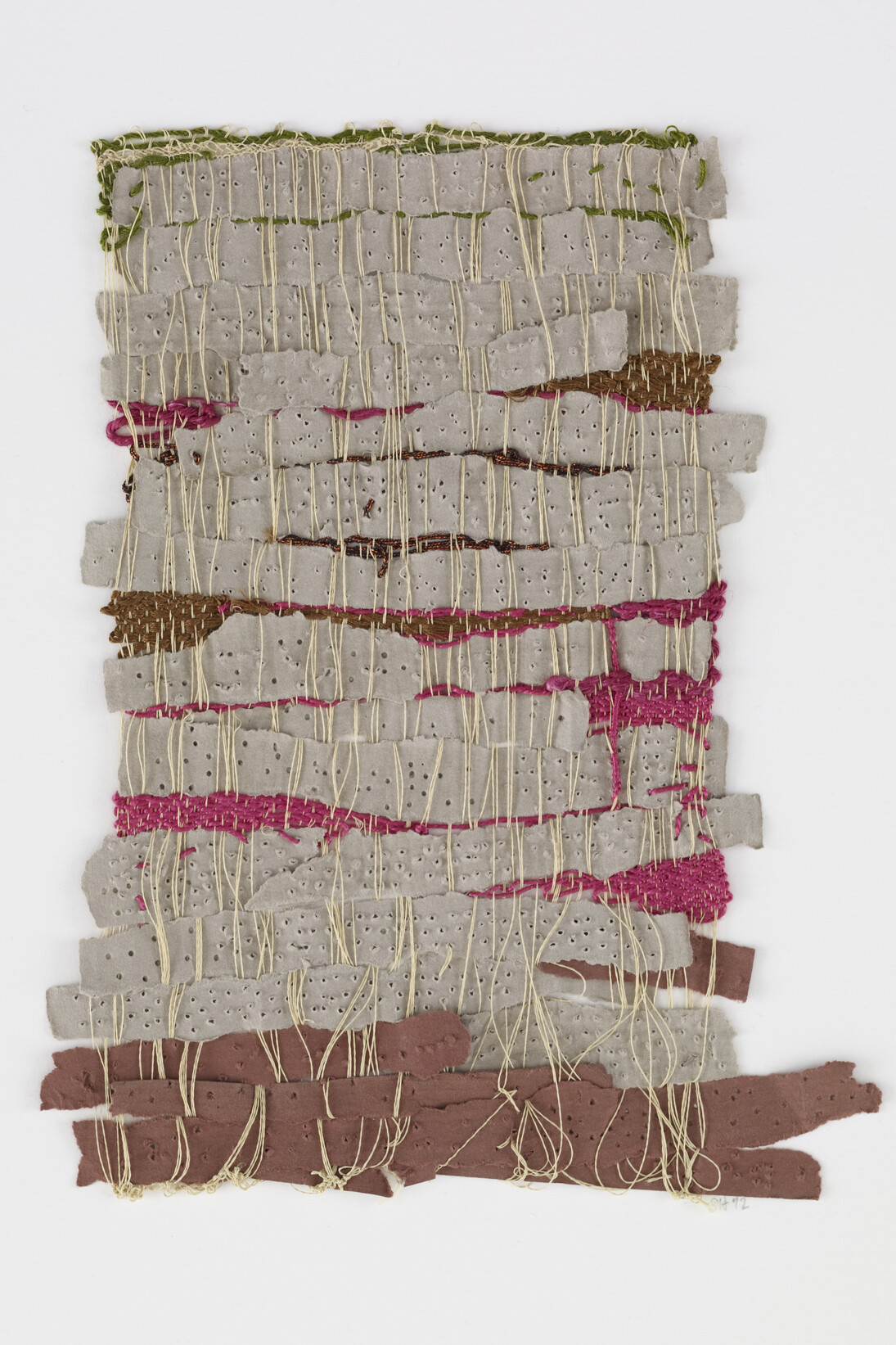 Sheila Hicks, Punched Notations, 2012. Paper and Synthetic yarn, 9 1/2 x 7 1/2 inches. Andrea and José Olympio Pereira Collection.