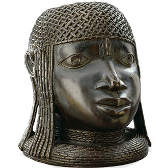 Commemorative Head of an Oba, Nigeria, Benin Kingdom, 16th century. Brass, height: 9 1/8 inches. Purchase: William Rockhill Nelson Trust through the generosity of Donald J. and Adele C. Hall, Mr. and Mrs. Herman Robert Sutherland, and an anonymous donor; The Nelson Gallery Foundation; and the exchange of a Trust property, 87-7.