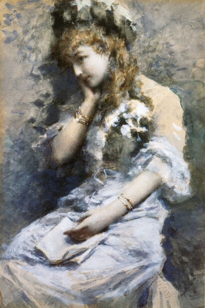 Daniele Ranzoni, In contemplazione, 1880, acquarello su carta 435 x 295 mm. Courtesy of Gallerie Maspes
