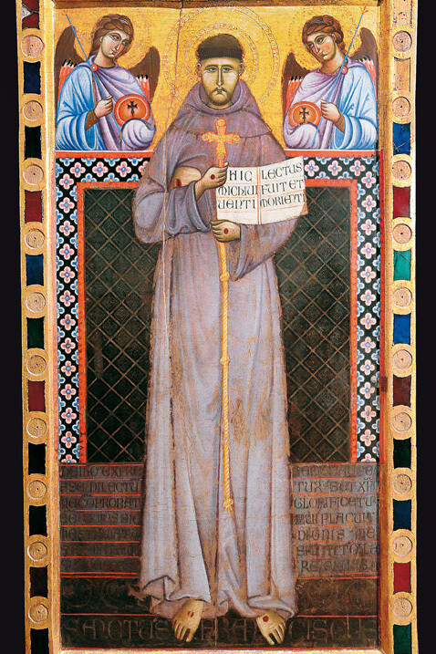 Maestro di San Francesco , (Umbria, 1255-1275 circa), San Francesco tra due angeli, 1260 circa, Tavola dipinta, tempera su legno di pino entro, cornice in legno di pioppo, Assisi, Santa Maria degli Angeli, Museo della Porziuncola