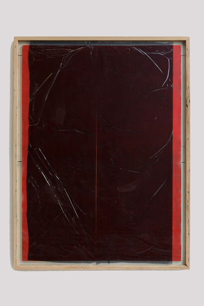 Graham Collins, Tinted Monochrome, 2015. Spray enamel on canvas, reclaimed wood, glass, and window tint, 75 x 56 inches (190.5 x 142.2 cm). Courtesy of Halsey McKay Gallery
