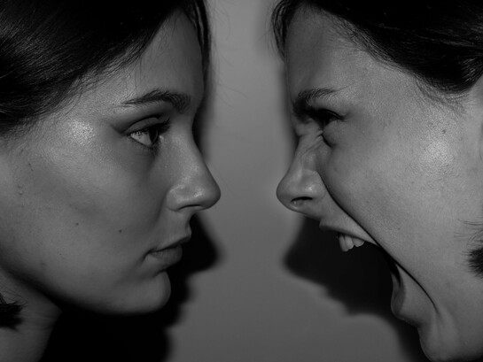 Duas mulheres frente a frente em um momento de forte tensão emocional, ou uma montagem da mesma pessoa frente a frente expressando os contrapontos articulados no texto. O artigo reflete sobre como a necessidade de ter razão costuma transformar conversas em disputas. Em contraste de expressões, uma mulher escuta enquanto a outra parece gritar durante uma discussão. Nem toda divergência precisa se transformar em batalha. Propõe-se que a verdadeira habilidade está em preservar a paz, e não em vencer debates
