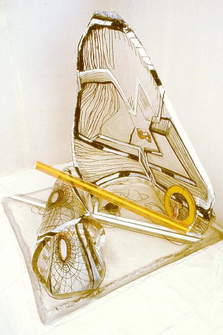 Agathe Sorel, Grotto for Toros, 1989. Space engraving, welded steel and stone, 1930 x 1350 x 1350 mm