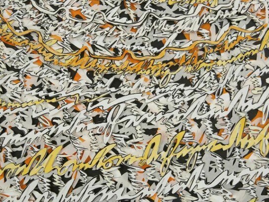 Natasha Bowdoin, Diving Script (detail), 2013, gouache ink and pencil on cut paper, 42 by 42 by 1.5 inches