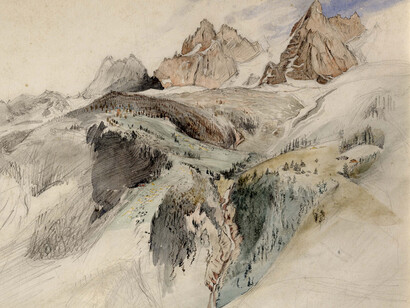 Aiguille Charmoz, Chamonix, 1849. John Ruskin (1819 – 1900). Pencil, ink and watercolor, 11 13/16 x 15 3/4 inches. Ruskin Foundation (Ruskin Library, Lancaster University) (RF 892).