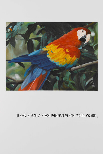 Jonathan Monk, Parrot Painting 01 (At other times the painting that seemed so colourful and strong in your studio looks drab and weak alongside other pictures), 2008. Courtesy of Lower Belvedere