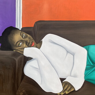 Israel Agboola, The Waiting Room II, 2023. Charcoal, oil, and acrylic on canvas, 47 x 58 inches. Courtesy of the artist and Allouche Gallery