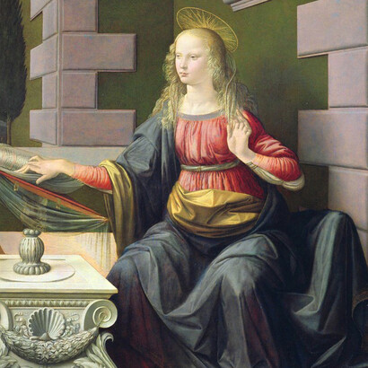 „Die Verkündigung“ (ca. 1472), Fragment. Andrea del Verrocchio und Leonardo da Vinci. Öl auf Holz (98X217 cm), Galleria degli Uffizi, Florenz. Nachforschungen von Kunsthistorikern haben ergeben, dass das Gemälde während Leonardos Lehrzeit in der Werkstatt von Andrea del Verrocchio entstanden ist