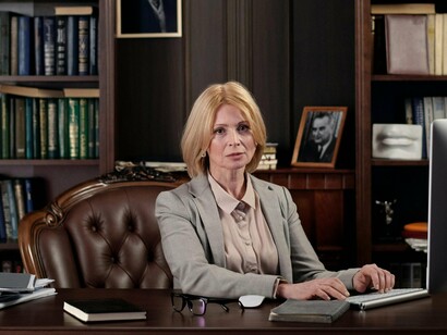 A woman seated at the helm exuding quiet authority—an embodiment of calculated power and strategic influence