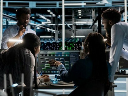 Analysts observe global data on multiple screens in a decision-making room, creating a strategic monitoring environment with real professionals at work
