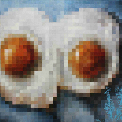 Salvo Ligama, Un martirio a colazione, Uova liberamente tratte da un'opera di Marcello Berenghi, particolare, 2014, acrilico e resine su cartone, 100 x 120 cm