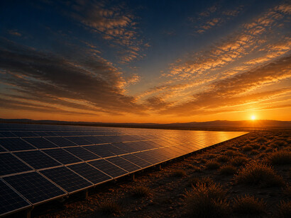 Rows of solar panels stretch toward the horizon, reflecting warm sunset light and the promise of sustainable power