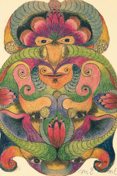 Minnie Evans, 1950, Untitled (Green Forms), Ink, crayon and collage on paper, Gift of the Roger Houston Ogden Collection, 2003.01
