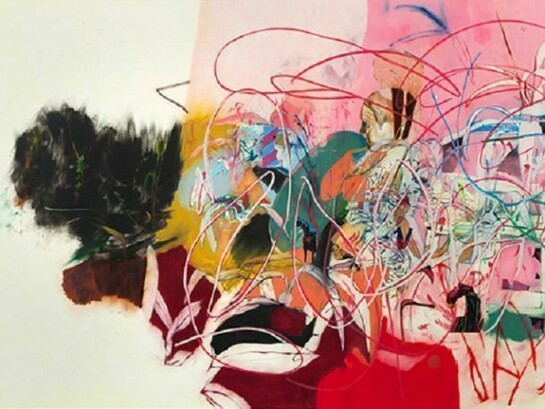 Elliot Hundley, face and form, 2013, Oil paint and paper on linen, 80 x 142 x 2 1/8 inches (203.2 x 360.7 x 5.4 cm)