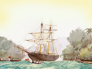 Capture of the slave ship brigantine Paulina on 30 April 1853 in the Rio Pongo, West Africa, by the boats of HMS Linnet, depicted in a painting by Captain Henry Need