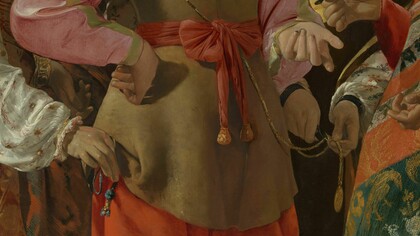 Detalle de La Buenaventura (c. 1630), donde Georges de La Tour captura el momento exacto en que un joven es sutilmente robado por un grupo de carteristas