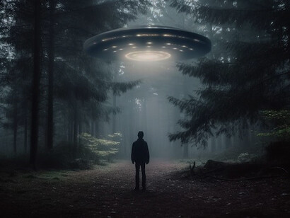 One person walking in a spooky forest encounters an alien 
