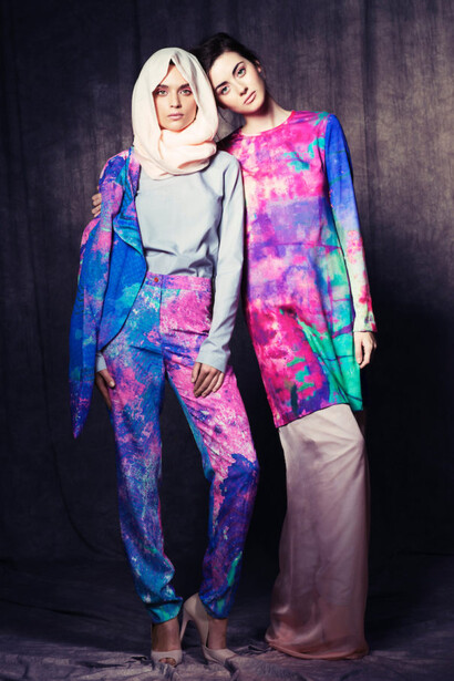Barjis Chohan (b. 1971, Pakistan) for Barjis (est. 2011, United Kingdom); Ensemble (top, jacket, pants, and headscarf); Spring/Summer 2015; Cotton; digital-printed silk crepe; polyester chiffon; and Maxi dress; Spring/Summer 2015; Digital-printed silk crepe and synthetic net; Courtesy of Barjis