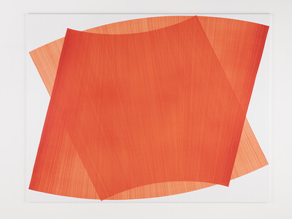 Two Red Fan Shaped Lines 3, 2023, Acrylic on canvas, 102 x 132 inches, 260 x 335 cm. Courtesy of The Hole, Los Angeles