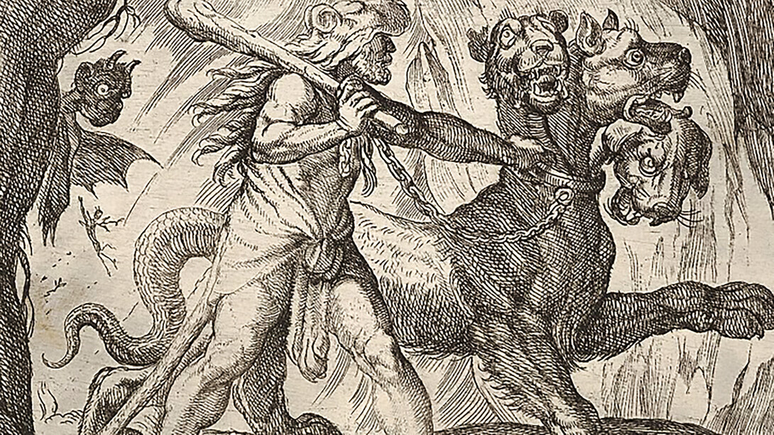 Hercules and Cerberus: Hercules grasps the collar of Cerberus by Antonio Tempesta